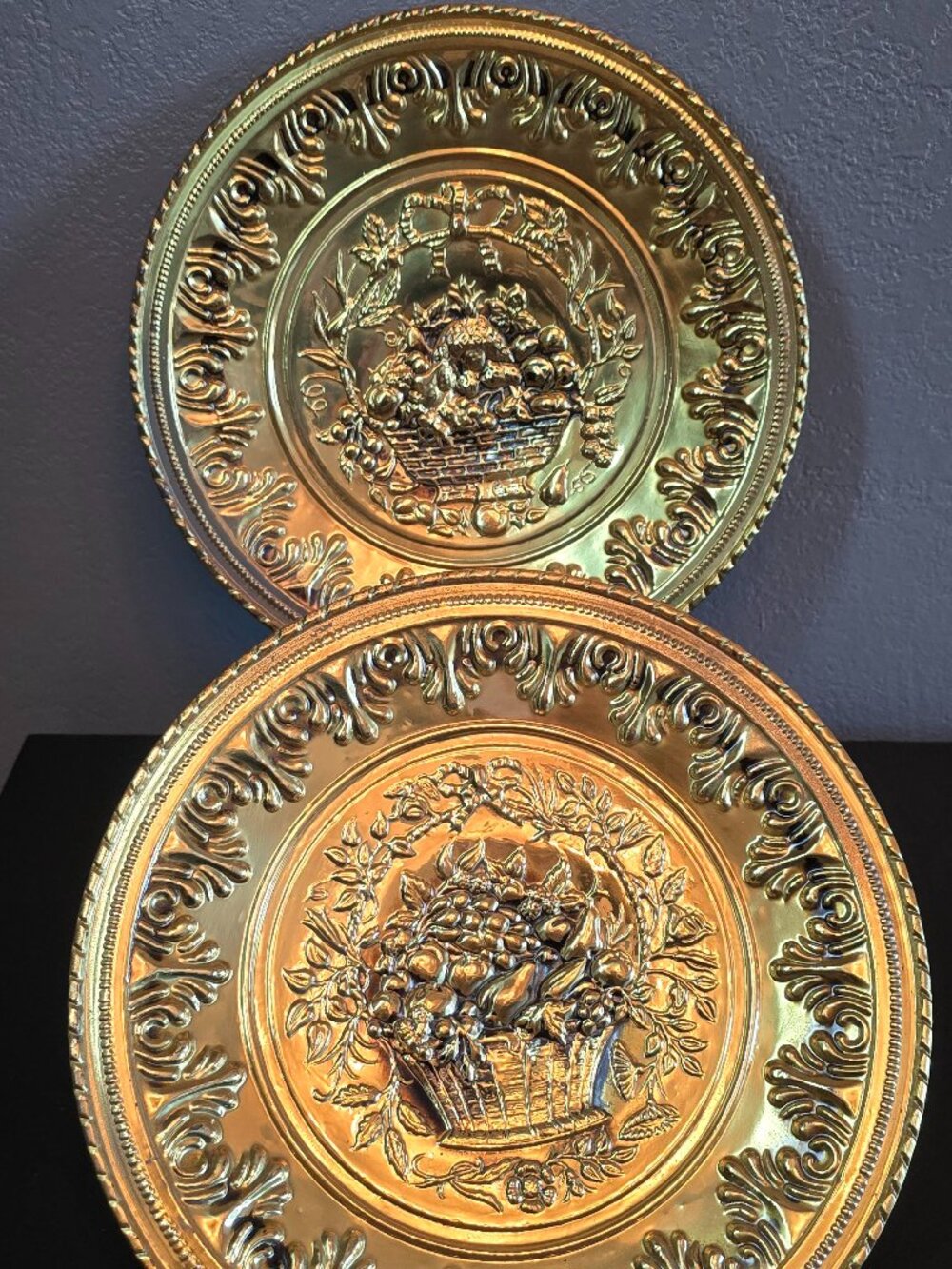 Vintage Brass Embossed Wall Plates Pair Fruit Basket Made in England 11in
